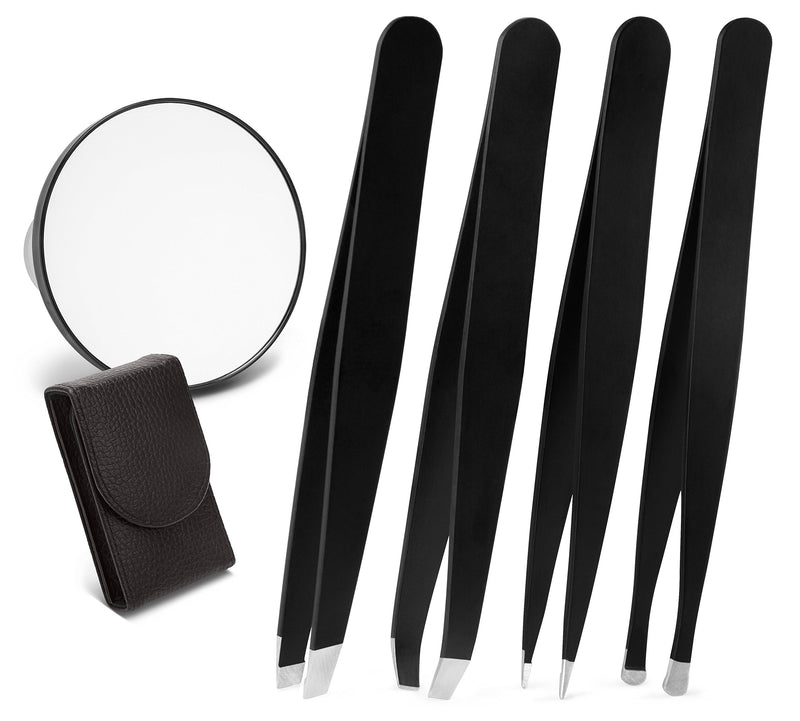 [Australia] - Brilliant Beauty 4-Piece Professional Tweezer Set with Case & Mirror by Precision Tweezers Kit Slant, Pointed, Curved & Flat Tips for Eyebrow, Ingrown Hair, Splinter Removal, Black, 1 Count 