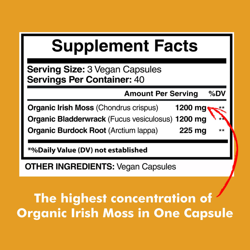 [Australia] - Organic Sea Moss 2625mg, Seamoss, Hand Harvested, Irish Moss Bladderwrack and Burdock Root, Sea Moss Capsules, Irish Sea Moss Alternative to Sea Moss Powder, Sea Moss Gel, 120 Vegan Capsules 