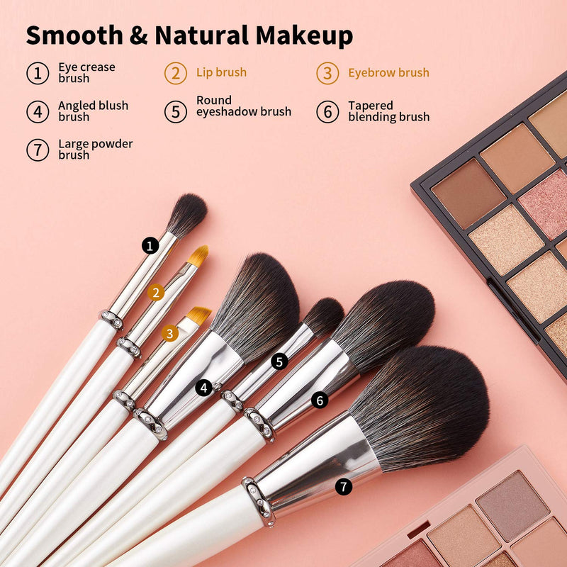 [Australia] - MIKOO-REMEI Makeup Brushes, 7Pcs Premium Synthetic Contour Concealers Foundation Powder Eye Shadows Eyebrow Makeup Brushes, Portable Travel Makeup Brush Sets (White) 7 White 