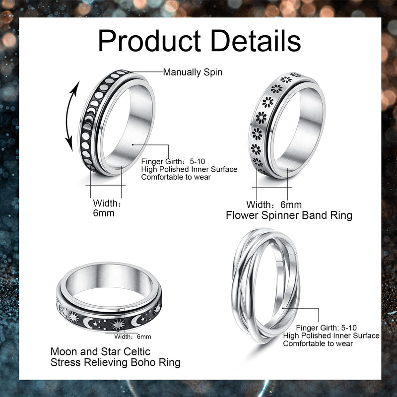 [Australia] - CASSIECA 4 Pcs Stainless Steel Fidget Rings for Women Mens Spinner Rings Flower Moon Star Cool Anxiety Rings Stress Relieving Wedding Promise Rings Set(Size 5-10) 6 