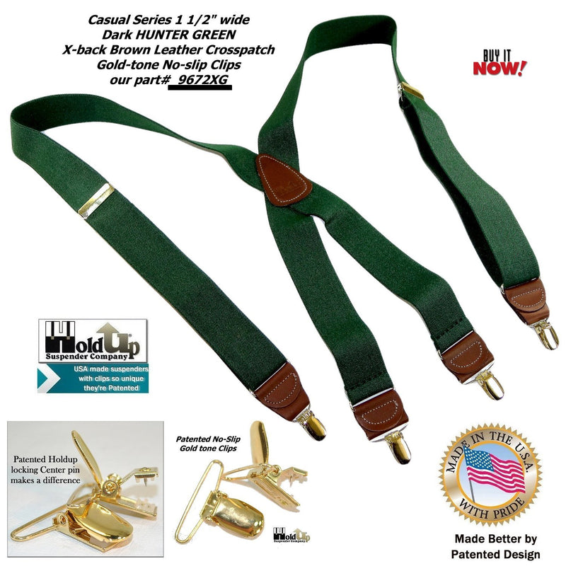 [Australia] - Holdup Suspender Company's Dark Hunter Green Men's Clip-On Suspenders with X-Back Style and Gold No-slip Clips 