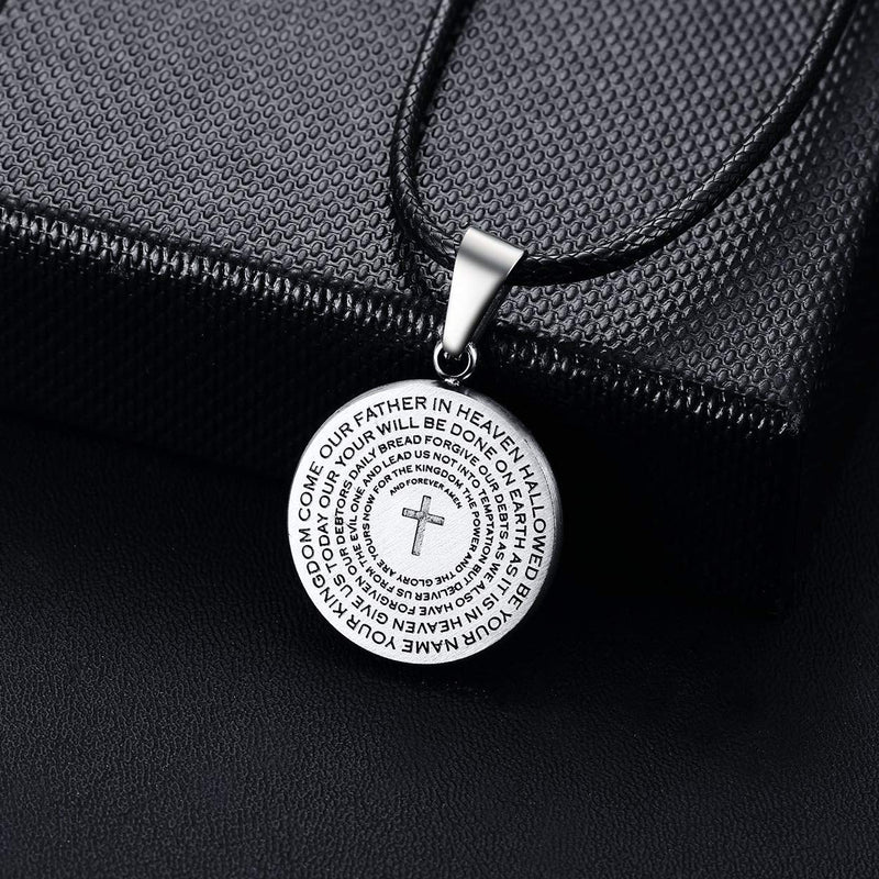 [Australia] - Rehoboth Stainless Steel Coin Medal Our Father Lord's Prayer Cross Pendant Necklace for Boys Girls Women Men Prayer Hands Coin Medal Pendant 24" Chain Black Gold Silver Silver Cross 