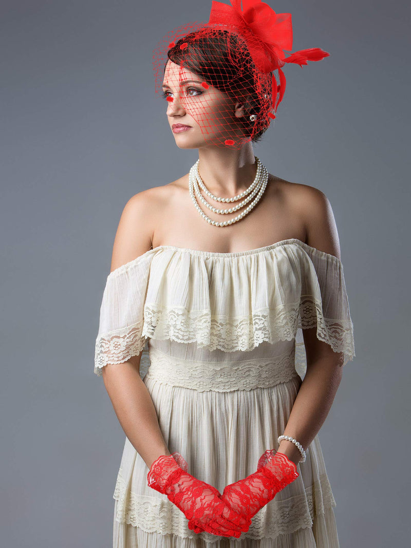 [Australia] - Bowknot Fascinator Hat Feathers Veil Mesh Headband and Short Lace Gloves Floral Lace Gloves Red 