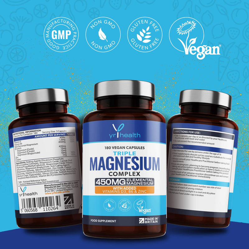 [Australia] - Vegan Magnesium Supplements with Zinc, 180 Capsules, Triple Magnesium Complex Supplement Plus Vitamin D, B6 & Copper, Vegan Society Registered, Made in The UK by YrHealth 