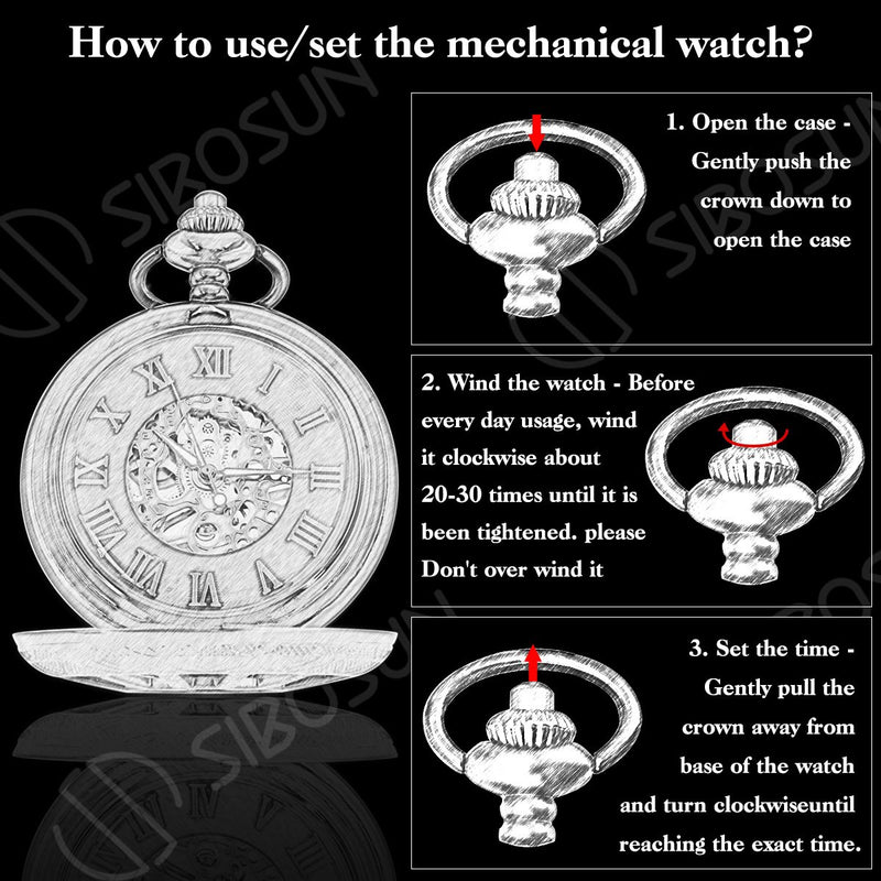 [Australia] - SIBOSUN Skeleton Pocket Watch Special 12-Little-Window Case Design Men Black Mechanical with Chain Box 1 Rose Gold 