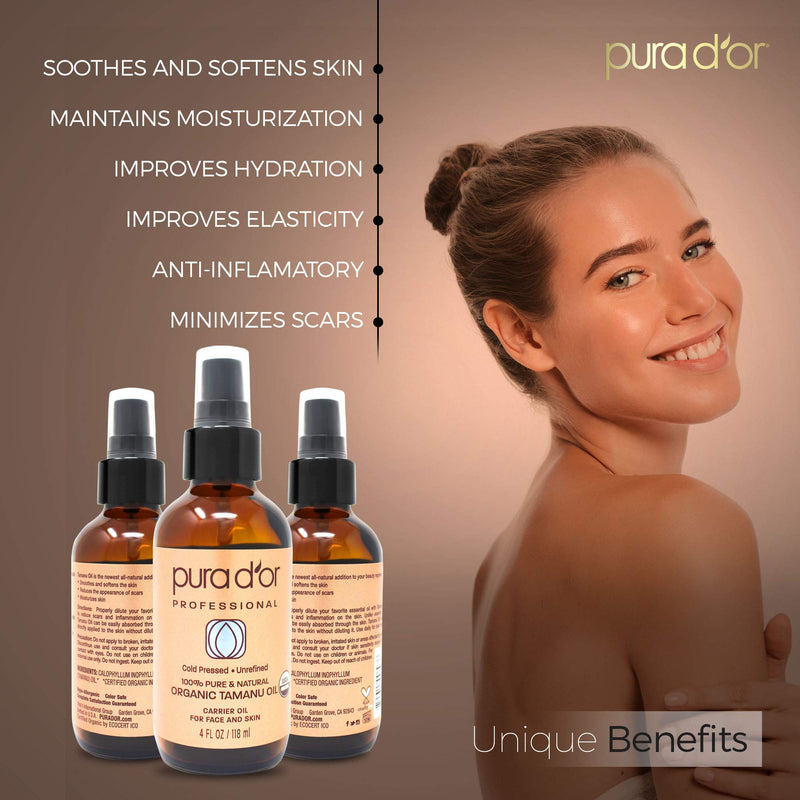 [Australia] - PURA D’OR Tamanu Oil (4oz / 118mL) USDA Organic Certified 100% Pure Natural Hexane Free Premium Grade Moisturizer - Helps Reduce Appearance of Scars from Psoriasis, Eczema & Acne (Packaging may vary) 
