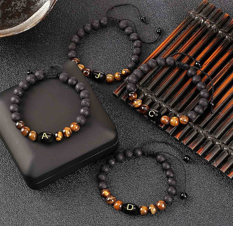 [Australia] - PANSHI Initial Beaded Bracelets for Men Tiger Eye Bracelet Mens Jewelry Lava Rock Healing Stone Letter Beads Braclet Handmade Adjustable Braided Rope Personalized Gifts A 