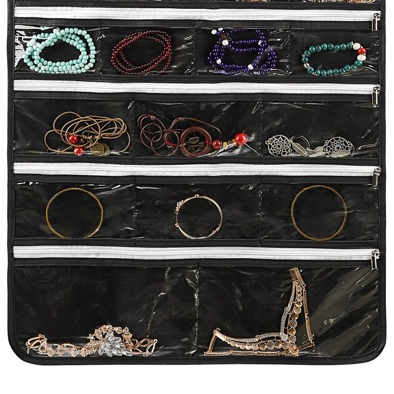 [Australia] - SPIKG 56 Pockets Dual Sided Jewelry Hanging Organizer Oxford Storage Bag with Zipper Hanger (Black) Black 