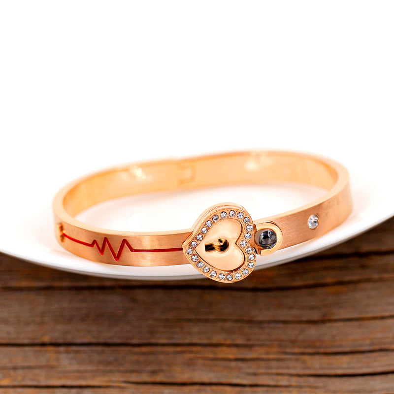 [Australia] - Uloveido Shield Key Pendant Necklace and Lock Bracelet for Girls Boys Couple Necklace Bracelet Set for Men and Women Anniversary Birthday Gift, You Hold the Key to My Heart Y473/Y474 100 Languages Love-Rose Gold 