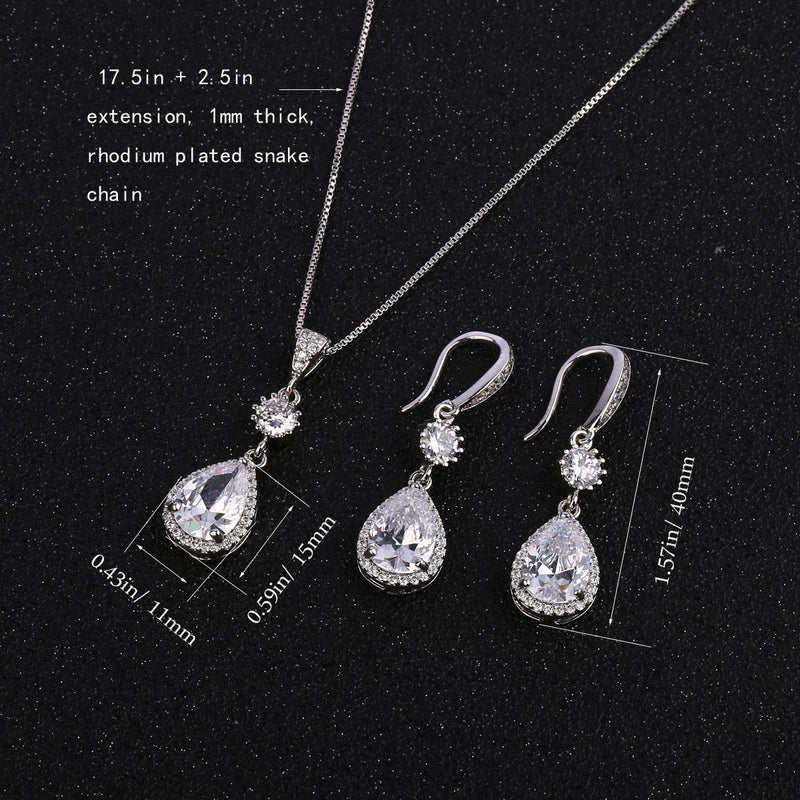 [Australia] - AMYJANE Elegant Jewelry Set for Women - Silver Teardrop Clear Cubic Zirconia Crystal Rhinestone Drop Earrings and Necklace Bridal Jewelry Sets Best Gift for Bridesmaids Angle Tears 