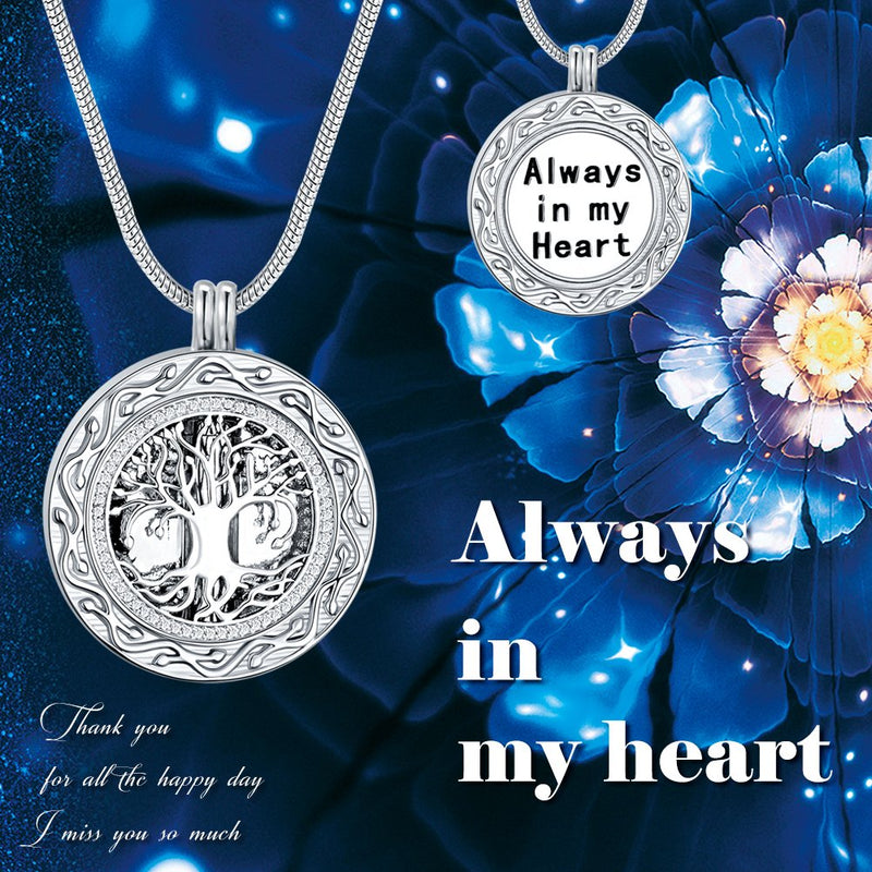 [Australia] - Ado Glo Christmas Memorial Gifts, Always in My Heart with 1 or 2 Vials Urn Locket Pendant Necklace, Tree of Life Cremation Jewelry for Ashes, Keepsake for Dad Sister Grandma Aunt Wife Daughter Mom 01_Single Vial_Silver 