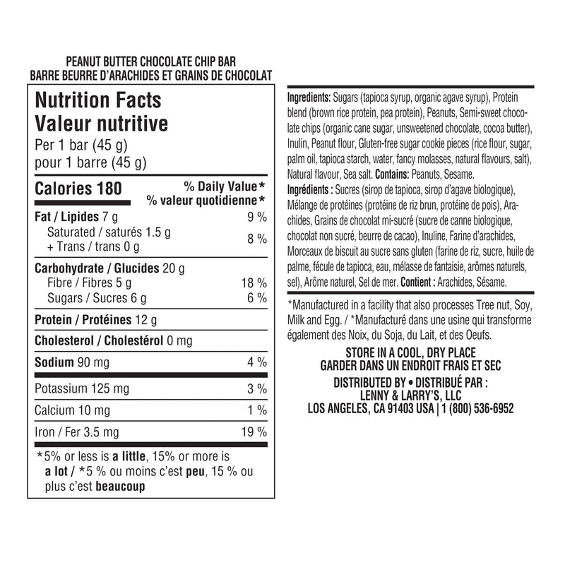 [Australia] - Lenny & Larry's The Complete Cookie-fied Bar, Peanut Butter Chocolate Chip, 45g - Plant-Based Protein Bar, Vegan and Non-GMO, Pack of 9 