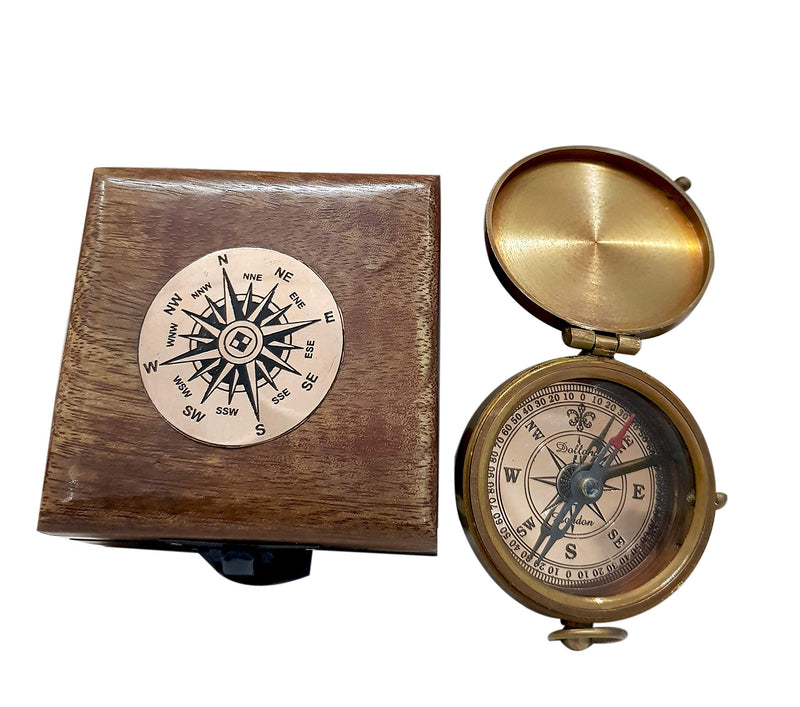 [Australia] - Antique Brass Compass Functional Direction Sailor Article Brown Wood Royal Box compasses 