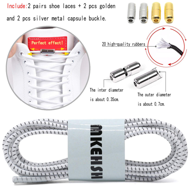 [Australia] - MKEHSH 2 Pairs Reflective Elastic No Tie Round Shoelaces with Capsule Buckle 39"inches(100CM) 01 White 