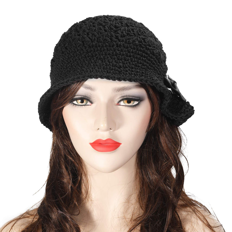 [Australia] - ZLYC Women Winter Crochet Bucket Hat Handmade Cotton Knit Cloche Bowler Hats Bow Black 