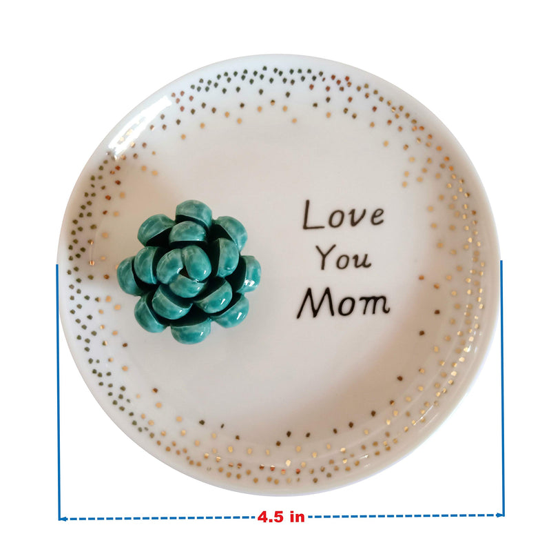 [Australia] - Jojuno Mom Gift Ring Holder Dish Ceramic Succulents Decorative Trinket Plate - 4.5 Inches Diameter Jewelry Dish Tray- Love You Mom Birthday Xmas Gift 