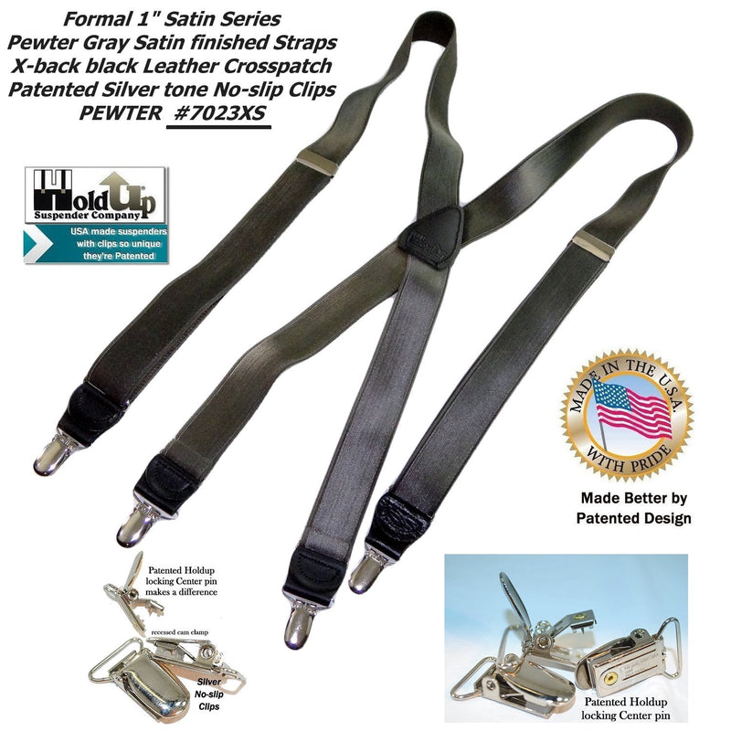 [Australia] - Holdup Brand dark Pewter Grey Satin Finished 1" narrow X-back Suspenders with Silver tone Silver No-slip clips 