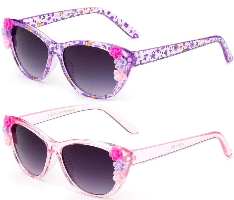 [Australia] - Newbee Fashion- Kids Girls Toddlers Fashion Sunglasses Cateye Cute Sunglasses with Flowers UV Protection w/Pouch (0-6 YRS) 2 Pack - Purple & Pink 