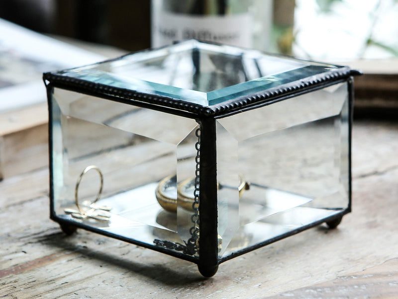 [Australia] - Retro Clear Glass Box Keepsake Jewelry Trinket Boxes Home Decor, Beveled Glass Display Box, 3.75x3.75x3 in 