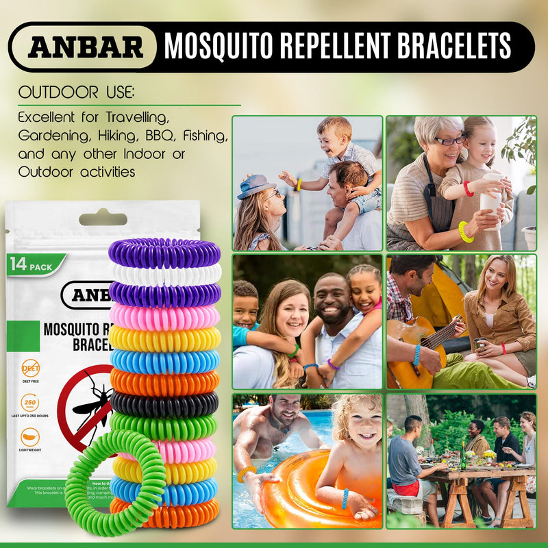 [Australia] - Anbar Mosquito Repellent Bracelets Bands for Adults and Kids, 14 Pack, All-Natural Deet-Free, Non-Toxic Protection, Stretchy Waterproof Anti-Mosquito Wristbands for Hiking and Camping 