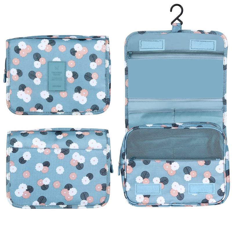 [Australia] - Travel Wash Bag Discoball Toiletry Bags with Compartment for Womens Girls Toiletries Storage Organizer, Hanging, Folding, Waterproof (Blue Flower) Blue Flower 