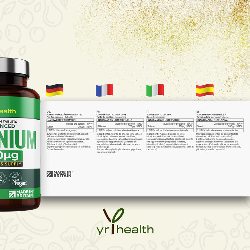 [Australia] - Selenium 200mcg Tablets - 180 Vegan Society Registered Pills, for Thyroid and Immune Health, Hair, Skin and Nails - 6 Month Supply Tablets Not Capsules - Made in The UK by YrHealth 