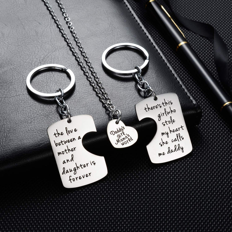 [Australia] - 3PCs/Set Father Mother Girl I Love U Charm Pendant Keyring Keychain Jewelry Gifts for Daughter Daddy Mom 2PCs Keyring & 1PC Necklace 