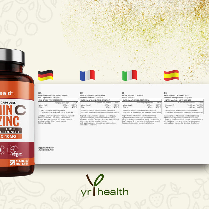 [Australia] - Vitamin C 1300mg and Zinc 40mg High Strength - VIT C and Zinc for Maintenance of Normal Immune System - 120 Vegan Capsules not Tablets - 2 per Daily Serving - Made in The UK by YrHealth 