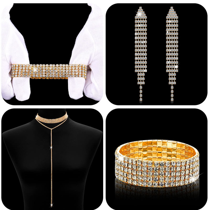 [Australia] - Diamond Tassel Jewelry Set, Rhinestone Stretch Bracelet Long Chandelier Tassel Dangle Earrings Plated Gothic Long Choker Tassel Necklaces Gold 