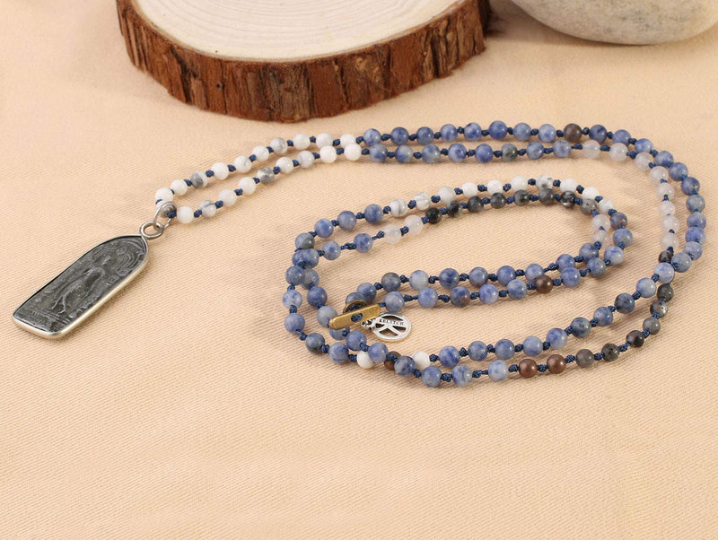 [Australia] - KELITCH Yoga Buddha Pendant Necklaces Y-Shaped Natural Stone Beaded Necklaces Statement Bracelets Mala Jewelry Blue C 