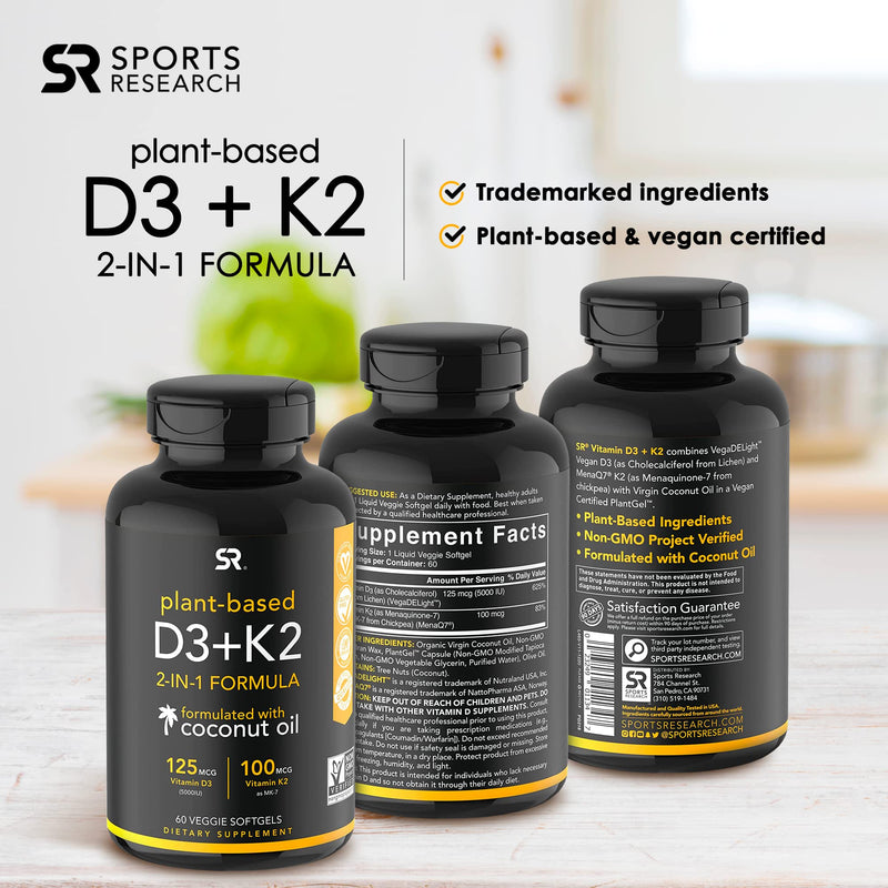 [Australia] - Sports Research Vegan Vitamin D3 + K2 Supplement with Organic Coconut Oil - 5000iu Vitamin D with 100mcg Mk7 Vitamin K - Supports Calcium for Stronger Bones & Immune Health - 60 Softgels for Adults D3 + K2 (5,000 IU) 60 Count (Pack of 1) 