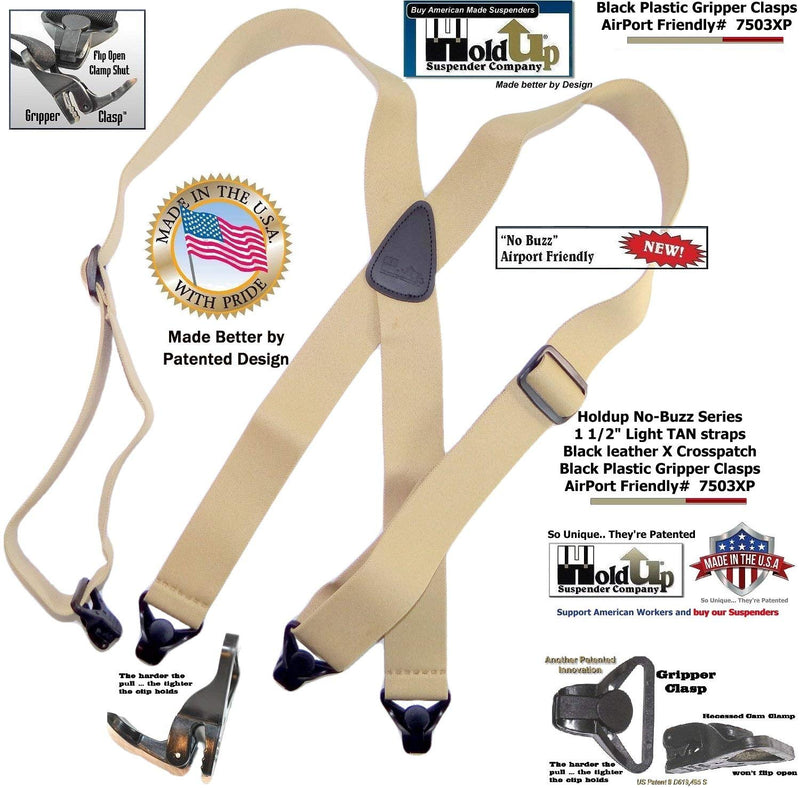 [Australia] - Holdup Suspender Brand No-buzz Series Airport Friendly light TAN Suspenders with black leather X-Back Crosspatch and Patented Gripper Clasps 