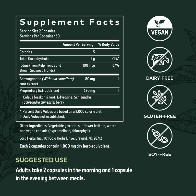[Australia] - Gaia Herbs Thyroid Support - Made with Ashwagandha, Kelp, Brown Seaweed, and Schisandra to Support Healthy Metabolic Balance and Overall Well-Being - 120 Vegan Liquid Phyto-Capsules (40-Day Supply) 