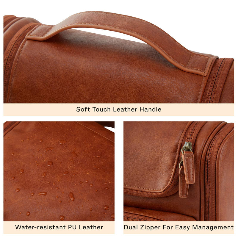 [Australia] - Toiletry Bag, BAGSMART Travel Leather Dopp Kit Large with Hanging Hook, Water-resistant Travel Kit for Full Sized Container, Toiletries, Cosmetics, Shaving (Brown) Brown 