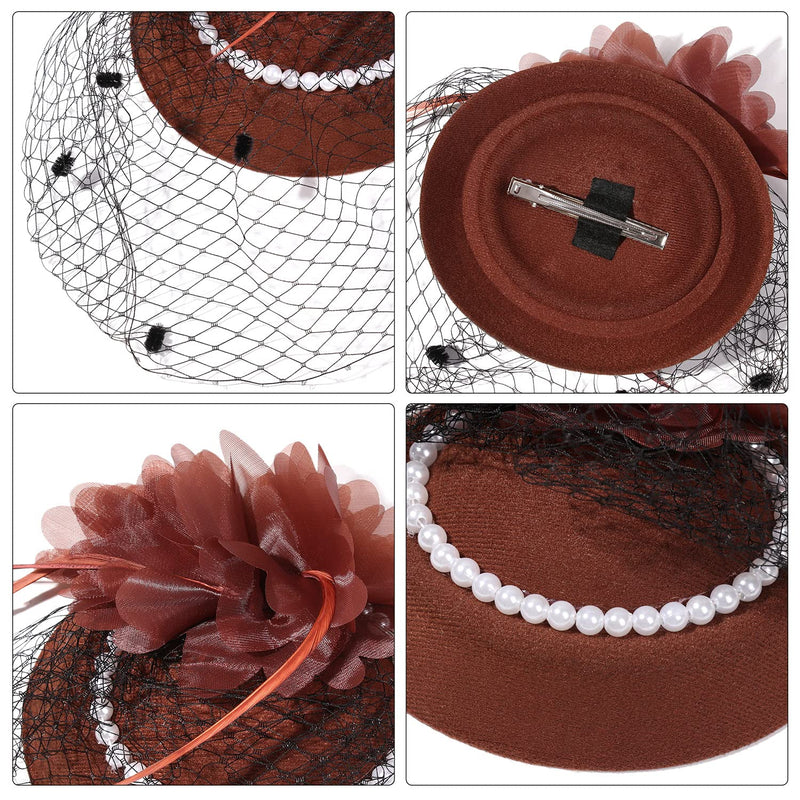 [Australia] - Fascinators Hat for Women,Women's Tea Party Derby Hats,Pillbox Cocktail Mesh Feather Wedding 20s 50s Hat Headwear with Veil Pearl Hair Clip Hairpin Brown 