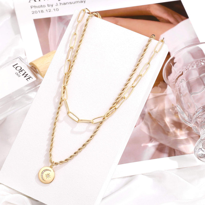[Australia] - Hidepoo Gold Layered Necklaces for Women, 14K Gold Plated Dainty Coin Pendant Choker Necklace Herringbone Snake Necklace Paperclip Chain Layered Necklaces for Women Jewelry Gifts 2 Layer- Link Chain&Moon Star Coin 
