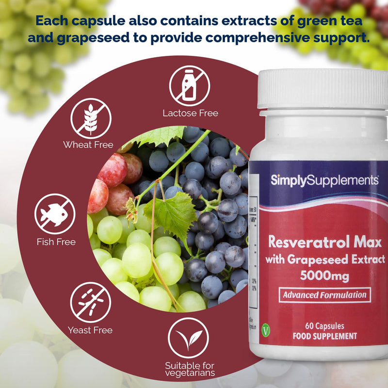 [Australia] - Resveratrol Capsules with Grapeseed Extract 5000mg | Vegan & Vegetarian Friendly | 60 Capsules = 1 Month Supply | Manufactured in The UK 