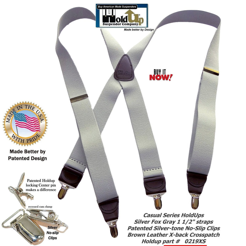 [Australia] - HoldUp Brand Silver Fox Gray X-back Suspenders are 1 1/2" Wide with patented No-slip Silver-tone Clips 