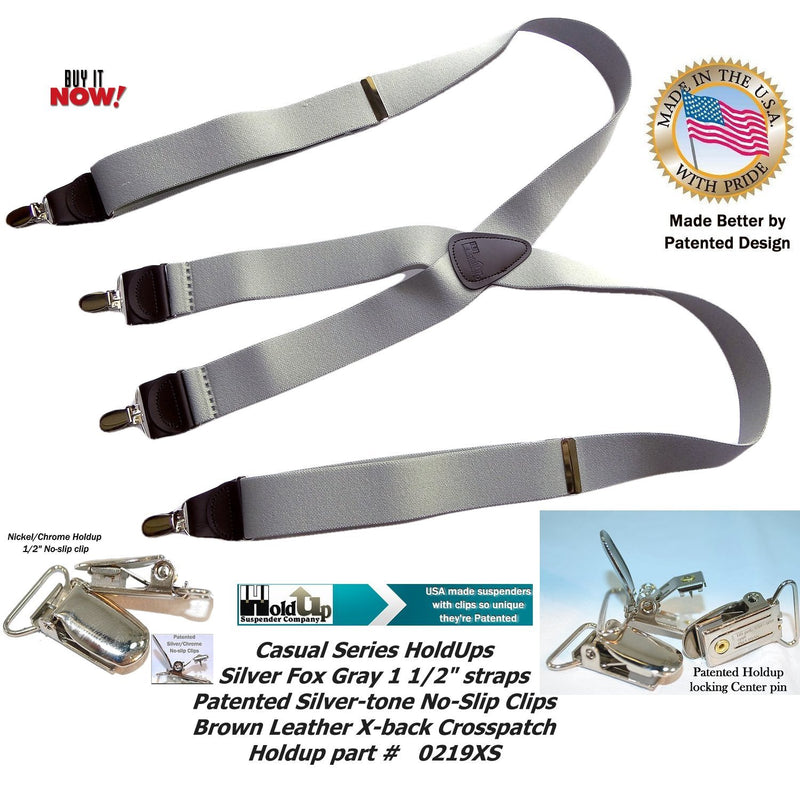 [Australia] - HoldUp Brand Silver Fox Gray X-back Suspenders are 1 1/2" Wide with patented No-slip Silver-tone Clips 