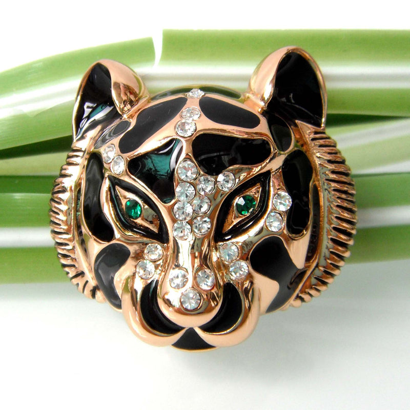 [Australia] - Navachi 18k Gold Plated Clear Crystal Black Enamel Tiger Head Brooch Pin Golden 