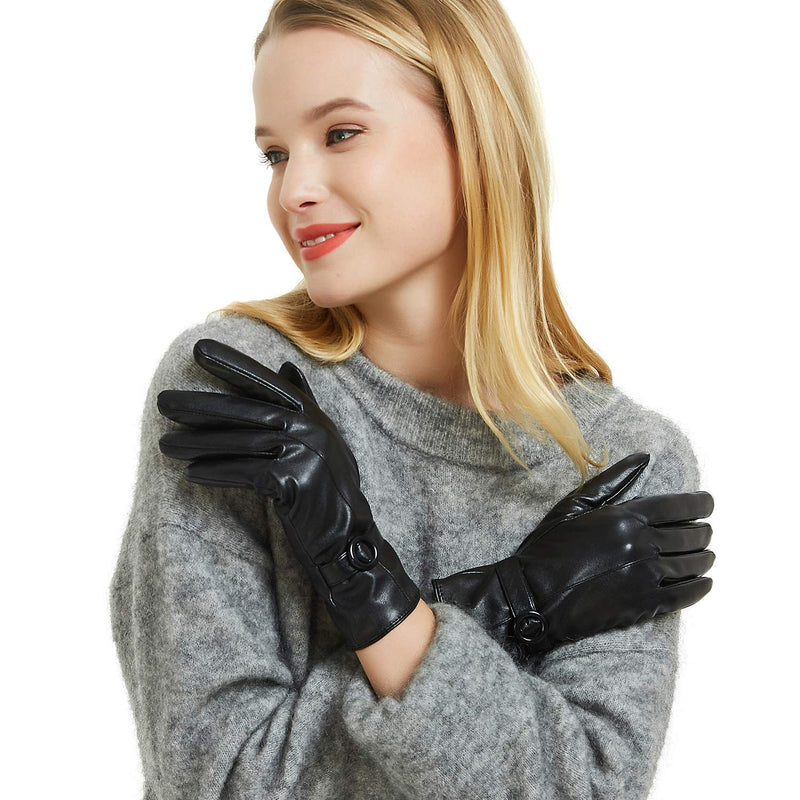 [Australia] - Womens Winter Leather Gloves Touchscreen Texting Warm Driving Lambskin Gloves Black 6.5 S 