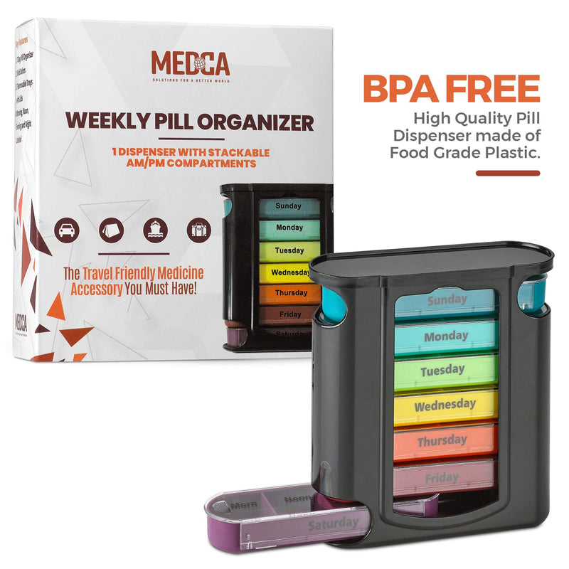 [Australia] - Weekly Pill Organizer, 1 Dispenser, 7 Stackable Compartments Four Times-a-Day - Morning, Noon, Evening, and Bedtime, Black 