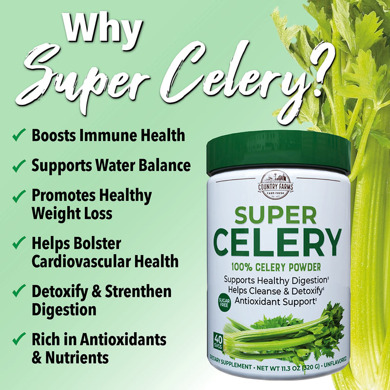[Australia] - COUNTRY FARMS Super Celery Powder, 100% Celery Powder, Supports Healthy Digestion, Helps Cleanse & Detoxify, Antioxidant Support, 40 Servings, 11.3 Ounce (Pack of 1) 11.3 Ounce (Pack of 1) White and Green 