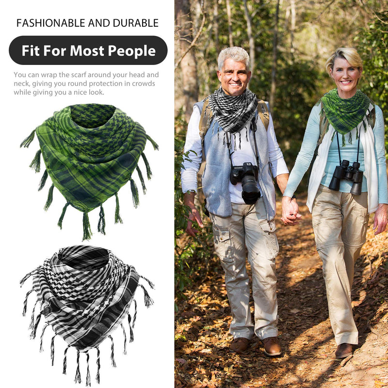 [Australia] - 3 Arab Plaid Fringe Scarves Cotton Shemagh Keffiyeh Head Neck Scarf with Tassel for Tactical Outdoor Camping Accessory Unisex Army Green, Black White, Grey 