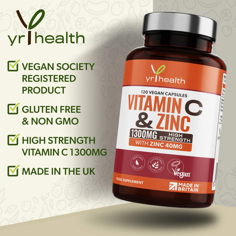 [Australia] - Vitamin C 1300mg and Zinc 40mg High Strength - VIT C and Zinc for Maintenance of Normal Immune System - 120 Vegan Capsules not Tablets - 2 per Daily Serving - Made in The UK by YrHealth 