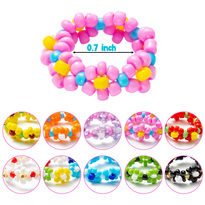 [Australia] - PANTIDE 10 Pcs Daisy Flower Bead Rings Set, Cute Handmade Flower Beaded Rings, Fashion Vsco Boho Beach Rings, Colorful Jewelry Rings with 7 Flowers Indie Kidcore Aesthetic for Teens Baby Girls 