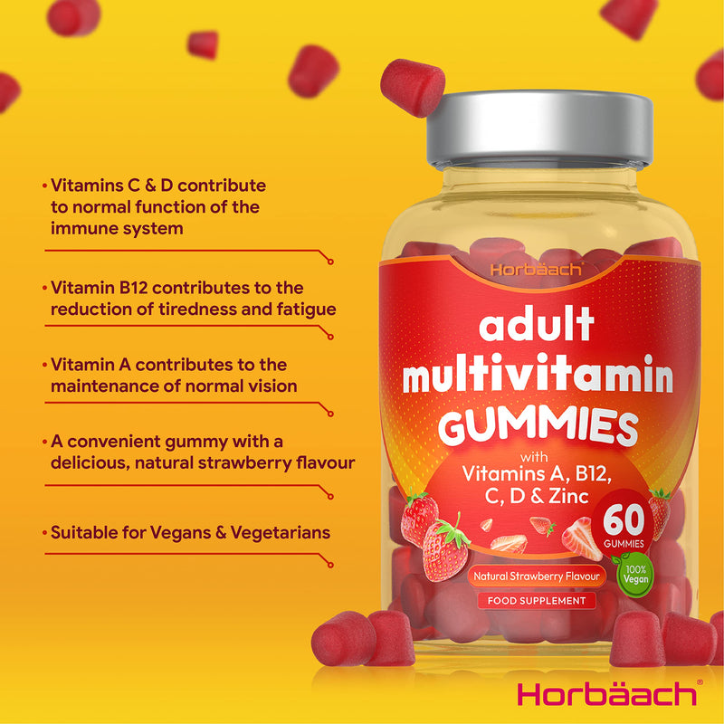 [Australia] - Multivitamin Gummies for Adults | 60 Count | 14 Essential Nutrients | with Vitamin A, B12, C, D & Zinc | Natural Strawberry Flavour | by Horbaach 60 Count (Pack of 1) 