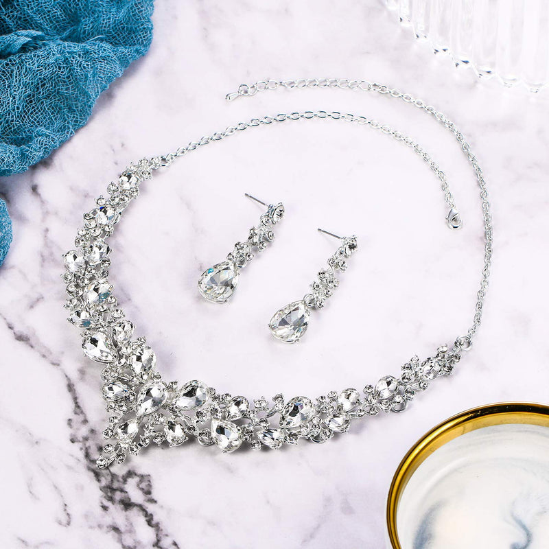 [Australia] - BriLove Women's Wedding Bridal Austrian Crystal Teardrop Cluster Statement Necklace Dangle Earrings Jewelry Set 01-Clear Silver-Tone 