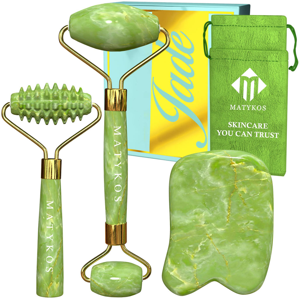 [Australia] - Jade Roller for Face and Gua Sha Set - Massage Tools for Drainage Puffiness Wrinkles Relaxation - Face Massager Jade 3 in 1 Kit - BONUS Ridged Roller, Gift Box, Gua Sha 