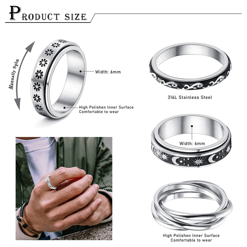 [Australia] - Jstyle 4Pcs Stainless Steel Fidget Band Rings Spinner Rings for Women Mens Triple Interlocked Rolling Flower Moon Star Sun Ring Celtic Stress Relieving Reduce Anxiety 5 